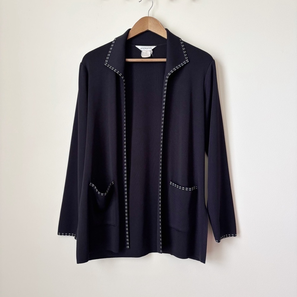 Misook Black Open Front Stitch Detail Cardigan Sweater Medium Corporate Chic